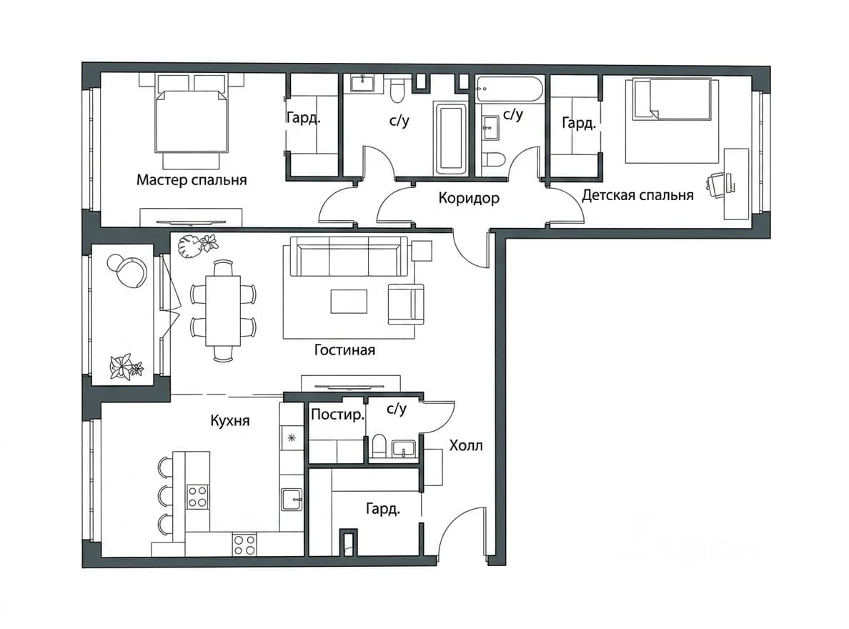 Планировка: 3-комнатная квартира 134,2 м² в ЖК «Река»