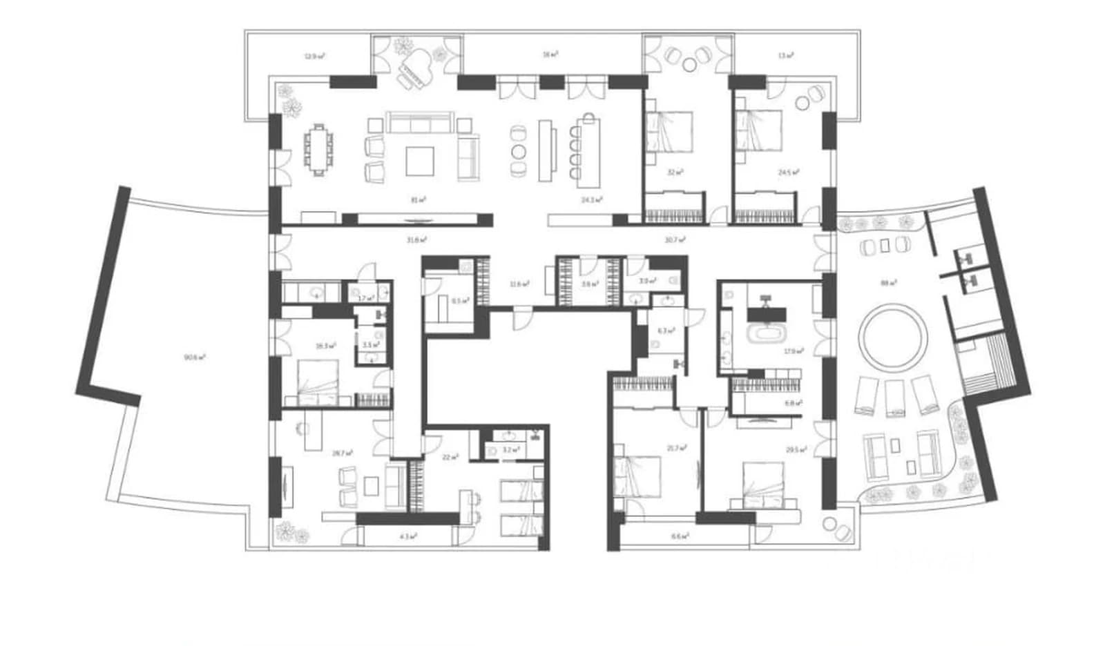 Планировка: 5-комнатная квартира 405,9 м² в ЖК «Снегири Эко»