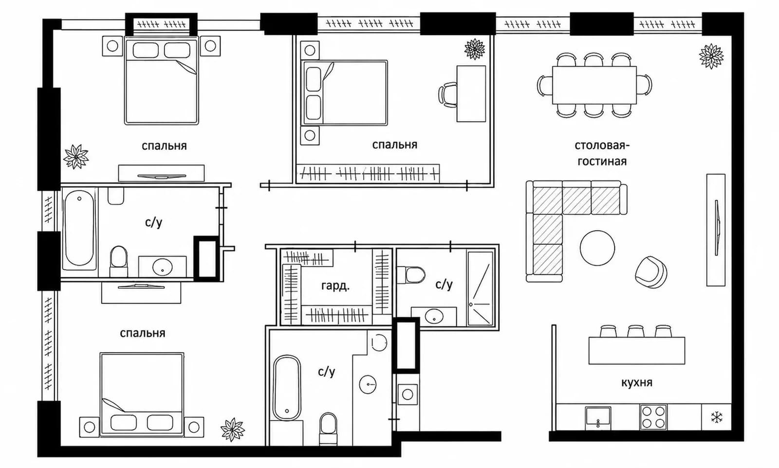 Планировка: 4-комнатная квартира 95,7 м² в ЖК «West Garden»