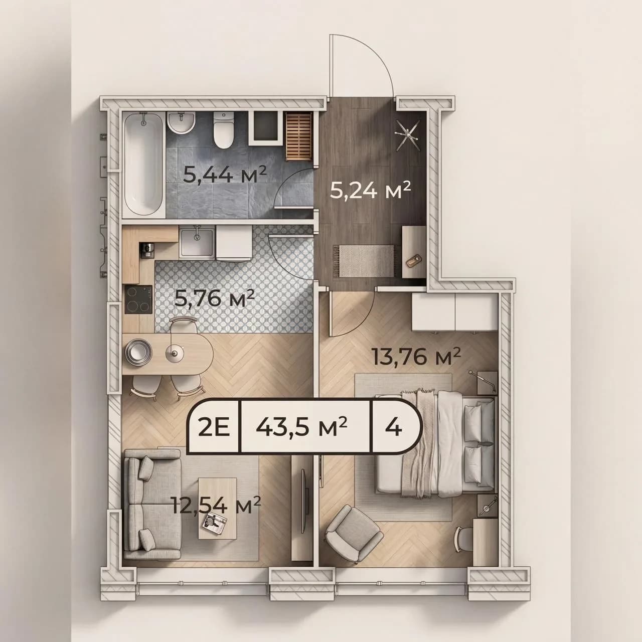 Планировка: 1-комнатная квартира 43,2 м² в ЖК «West Garden»