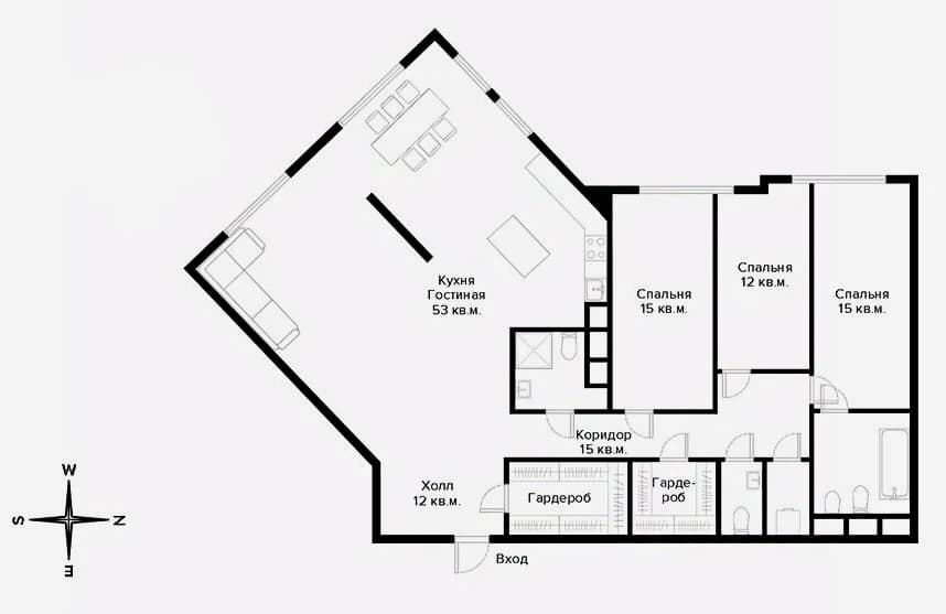 Планировка: 3-комнатная квартира 149,6 м² в ЖК «Дом на Мосфильмовской»