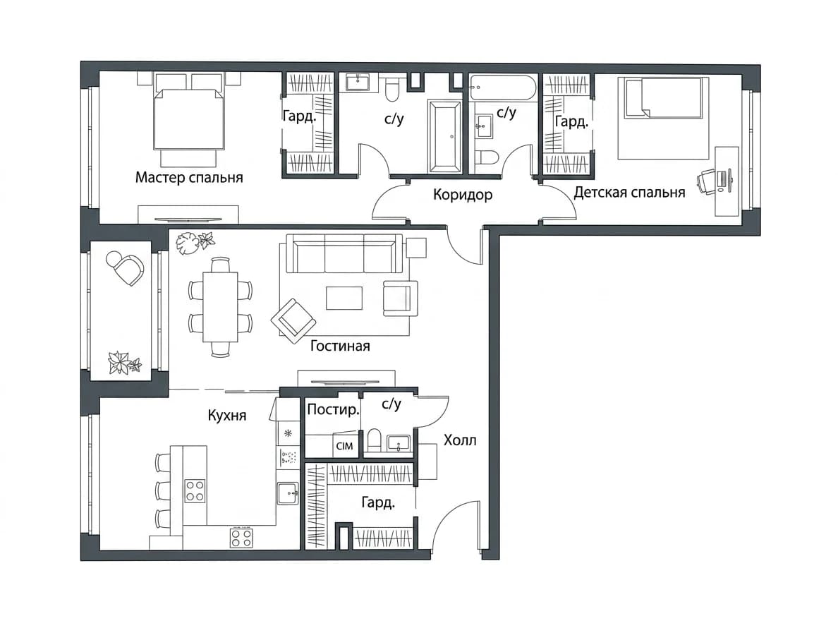 Планировка: 3-комнатная квартира 139,2 м² в ЖК «Река»
