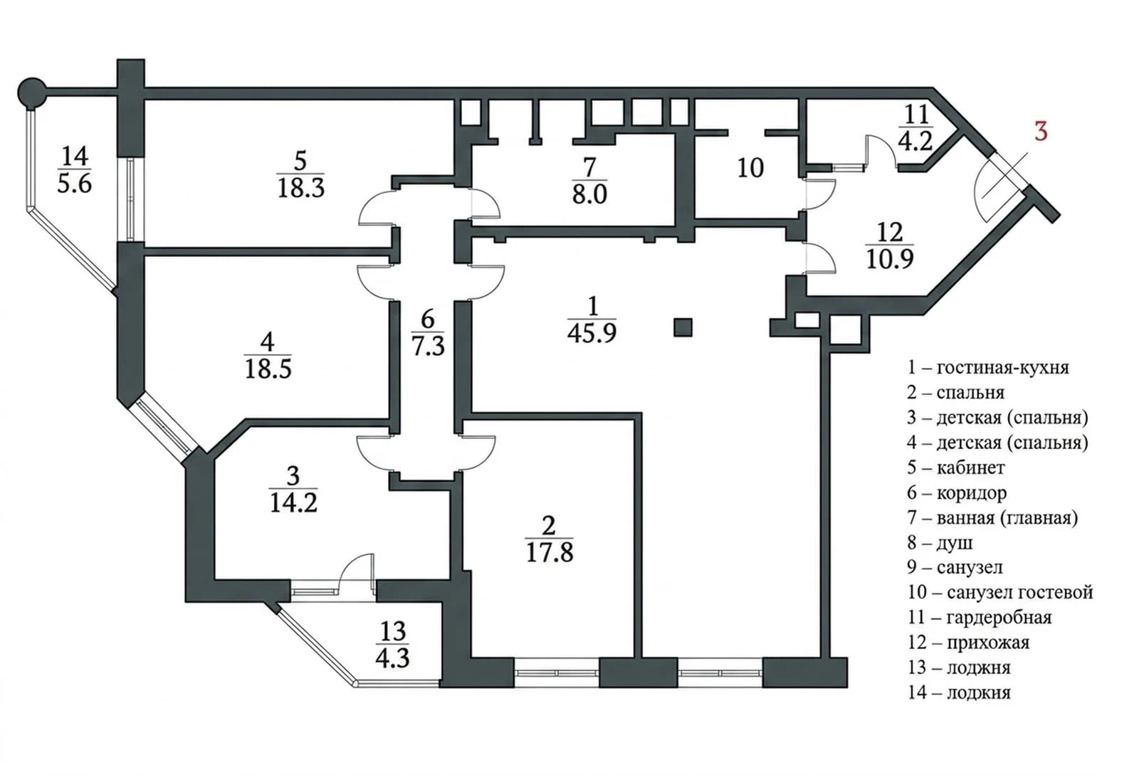 Планировка: 4-комнатная квартира 152,1 м² в ЖК «Золотые ключи-2»